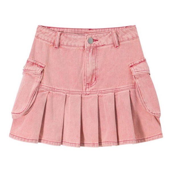 DENIM SKIRT PATCH POCKETS PINK MINI SKIRT