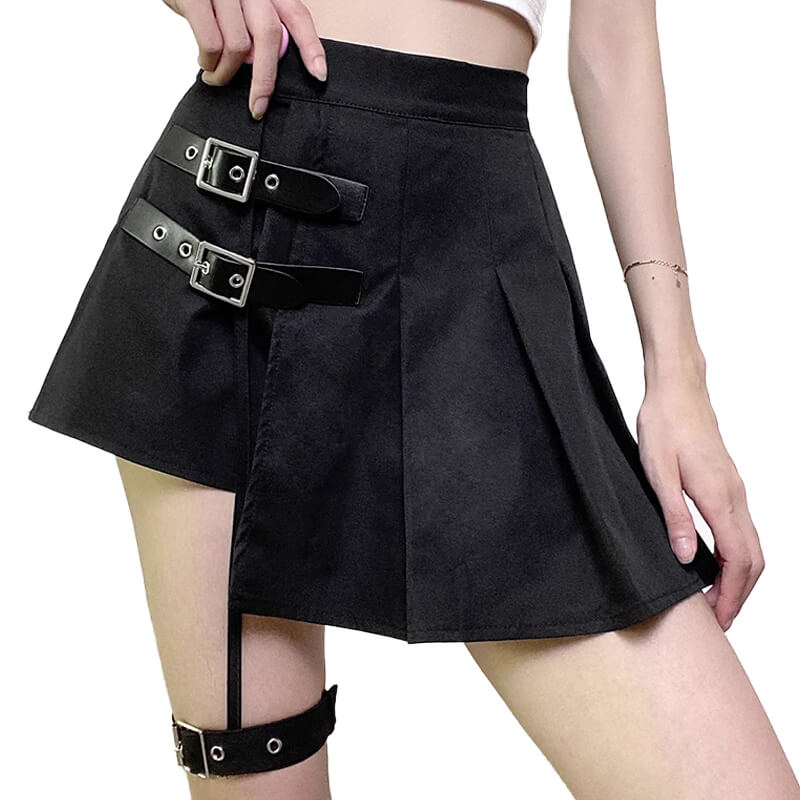 Asymmetric Black E-Girl Pleated Skirt for Women Side Belts