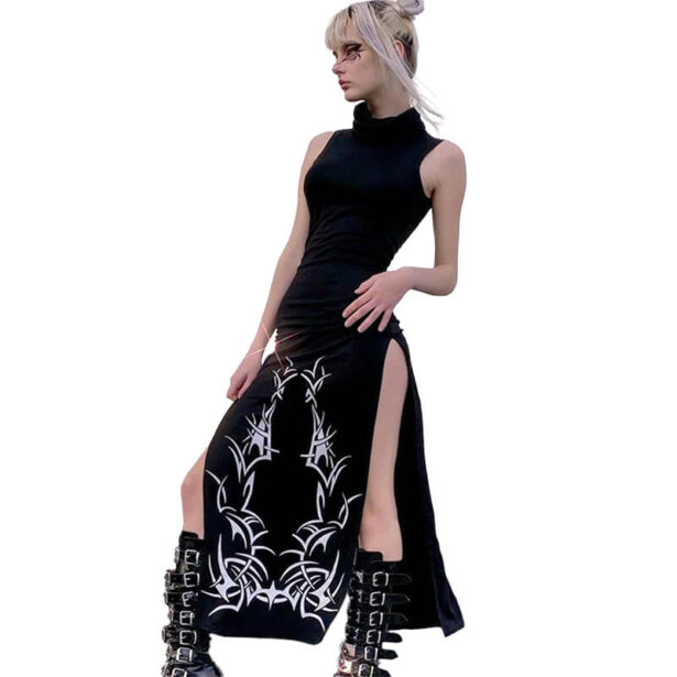 Dark Fashion Black Sleeveless Long Dress Turtleneck 1