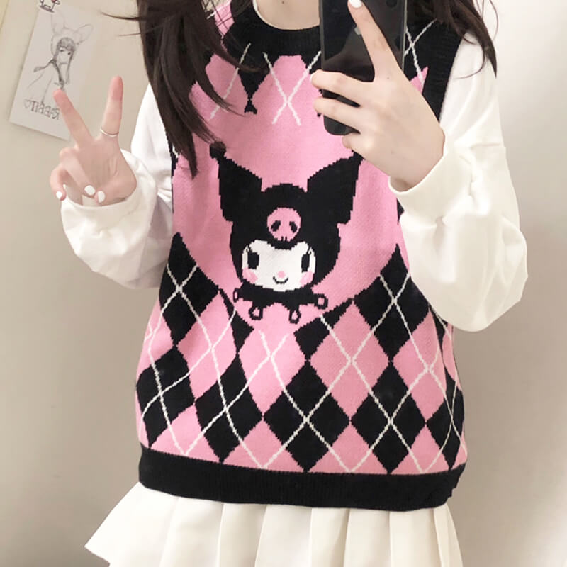 Diamond Checkered Pink Kuromi Sweater Vest for Women