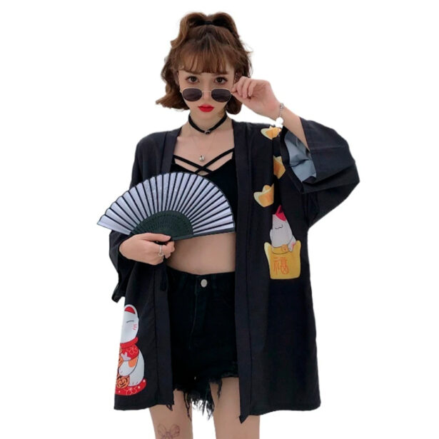 Kimono Haori Obi Cardigan Shirt Cat Harajuku Yukata 1