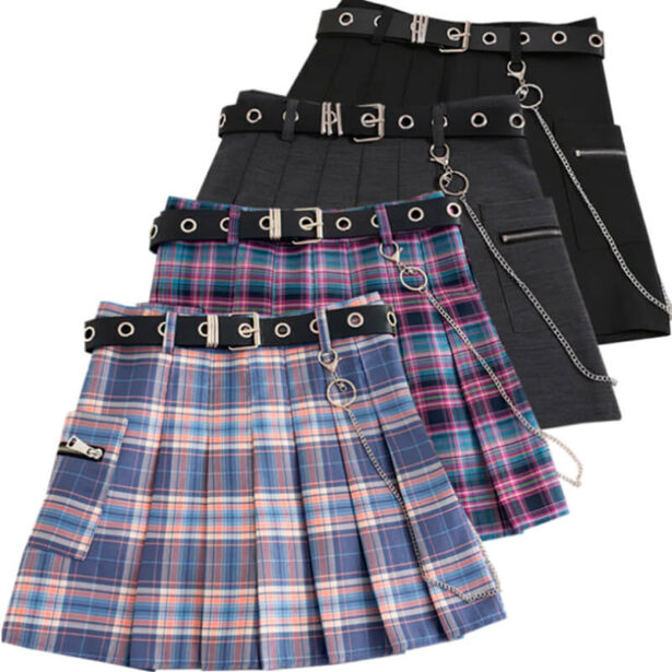 Pleated Plaid Women Skirt With Chain Punk Gothic Lolita