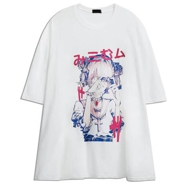 T Shirt for Women Cartoon Print Anime School Girl White