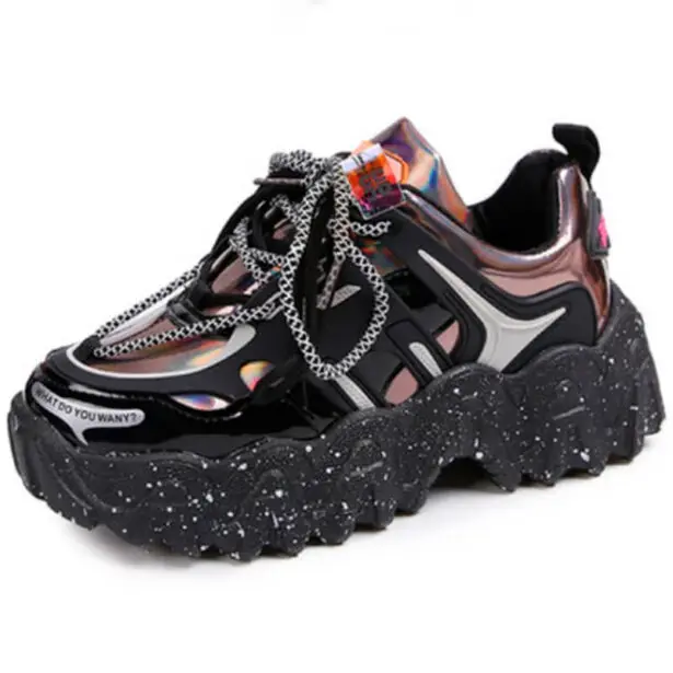Amazon.com | Women's Fashion Rainbow Thick Bottom Daddy Shoes Lace Up  Holographic Anti Slip Running Shoes Leisure Training Sneakers (Black,4.5) |  Shoes