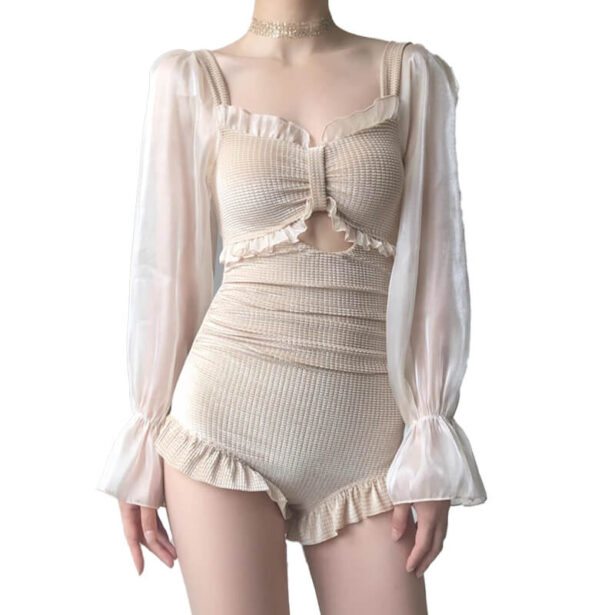 Beige Ruffle Long Sleeve Bodysuit for Women Coquette Style 1