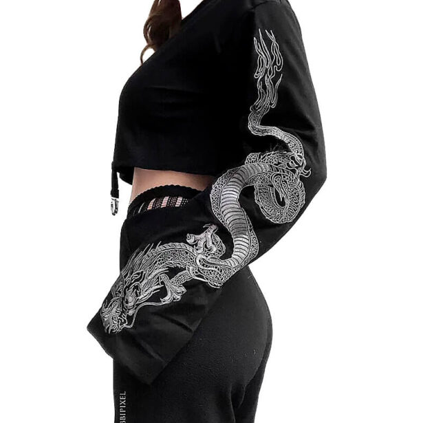 Black Crop Top for Women Fall Long Sleeve Dragon Print Harajuku 8