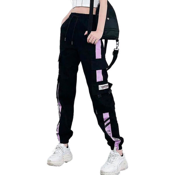Black Women Pants Cargo with Purple Stripe and Patch Pocket 3