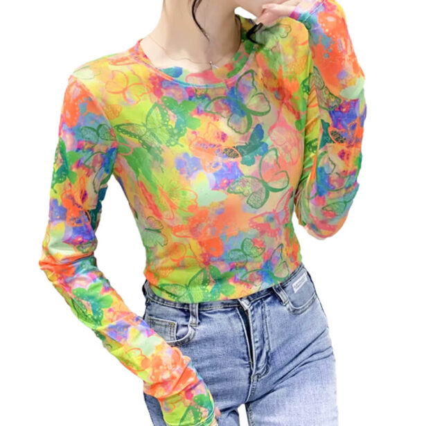 Bright Tie Dye Butterflies Rave Mesh Women Long Sleeve Top 1