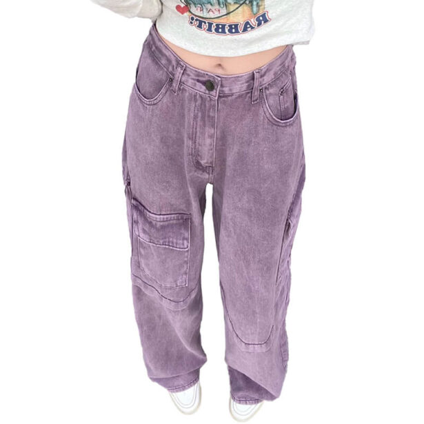 Soft Grunge Purple Wide Leg Jeans for Women Side Pockets 1