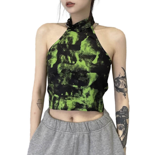 Acid Green Tie Dye Women Halter Neck Top Alt Girl Aesthetic 1