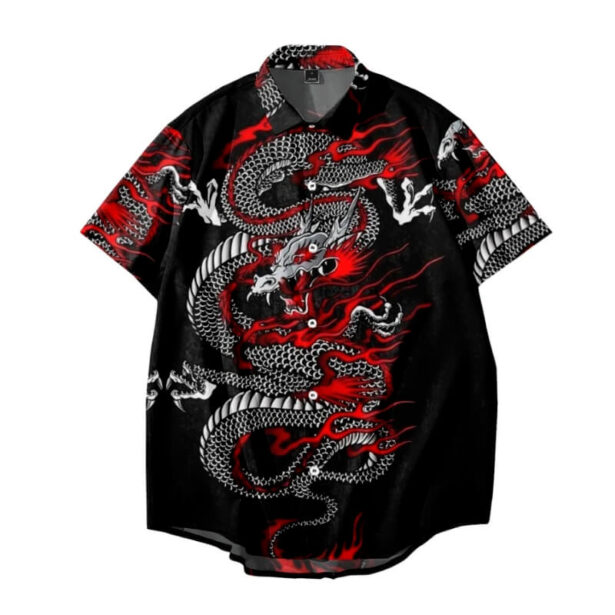 Black Shirt for Men Red Dragon Print Harajuku