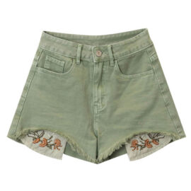 Green Denim Shorts for Women Embroidered Pockets Soft Grunge 1