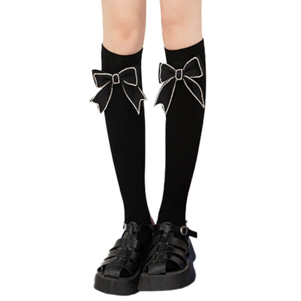 Knee High Black Women Socks with Bow Tie Dollette Aesthetic 1