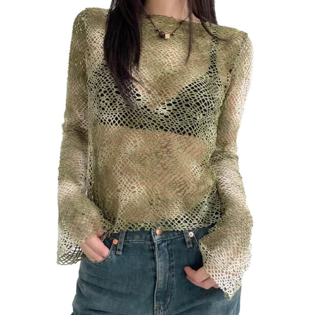 Net Mesh Green Tie Dye Women Long Sleeve Top Fairy Grunge 1