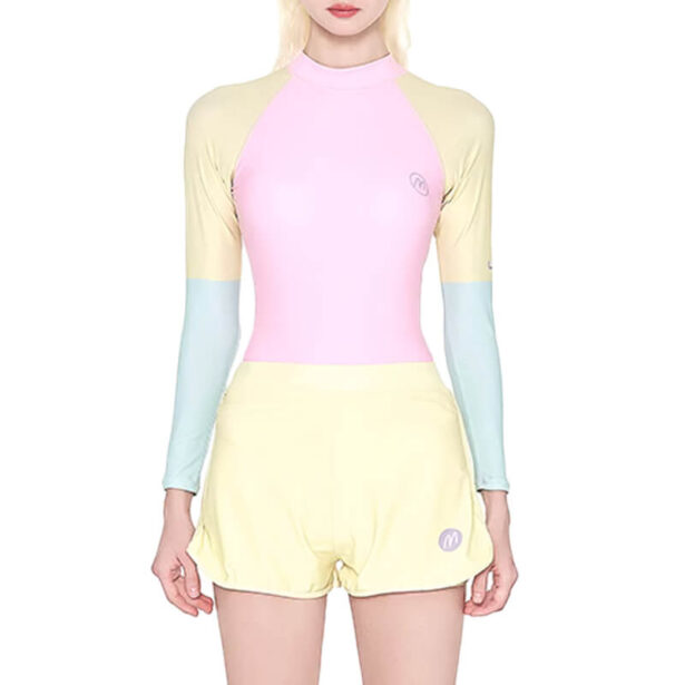 Pastel Yellow One Piece Swimsuit for Women Long Sleeve 1