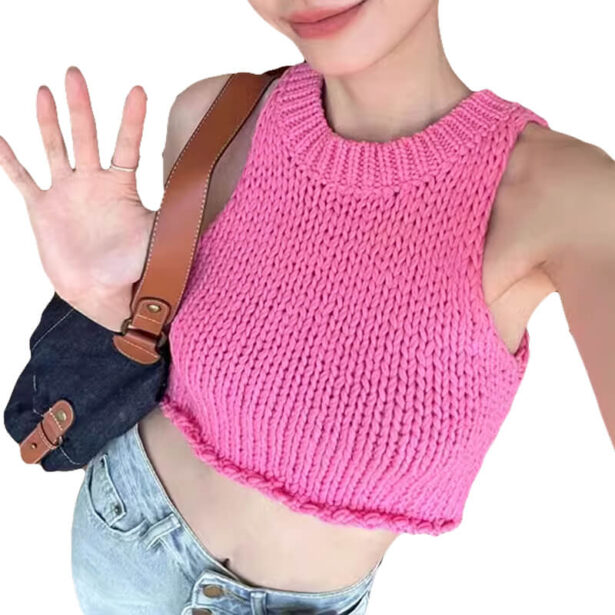 Pink Knitted Cropped Tank Top for Women Soft Girl Aesthetic 1