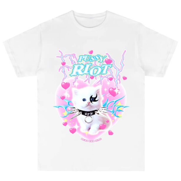 Pussy Riot White Kitty T Shirt Unisex Y2K Weirdcore Aesthetic 1