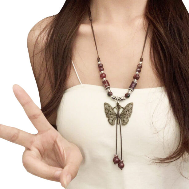 Retro Butterfly Pendant and Beads Necklace Boho Aesthetic 1