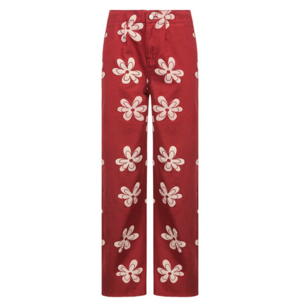 Women Pants Straight Jeans Floral Print Harajuku