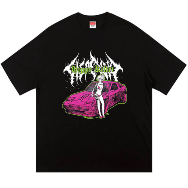 Anime Girl and Pink Retro Car T Shirt Cyberpunk Animecore 1