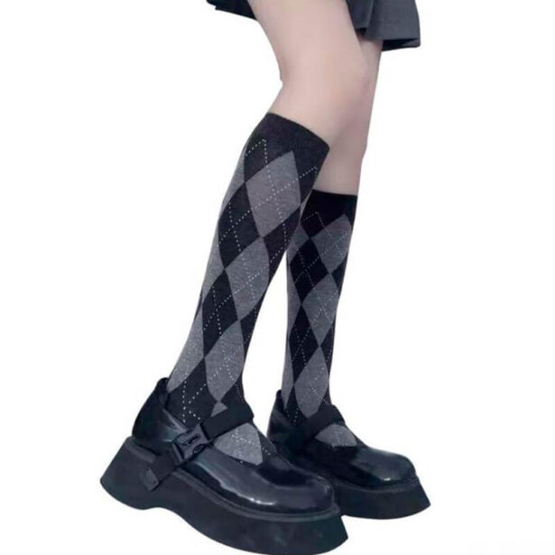 Black Gray Women Socks Checked Knee Socks Accessories School Girl