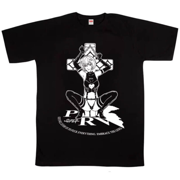 Black Latex Rei Ayanami on a Cross Animecore T Shirt Unisex 1