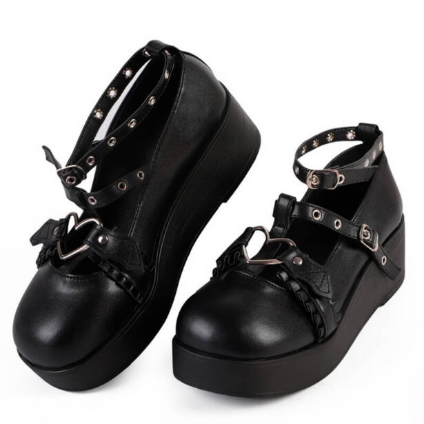 Black Matte Women Shoes Mary Jane With Heart Buckle School Girl 1