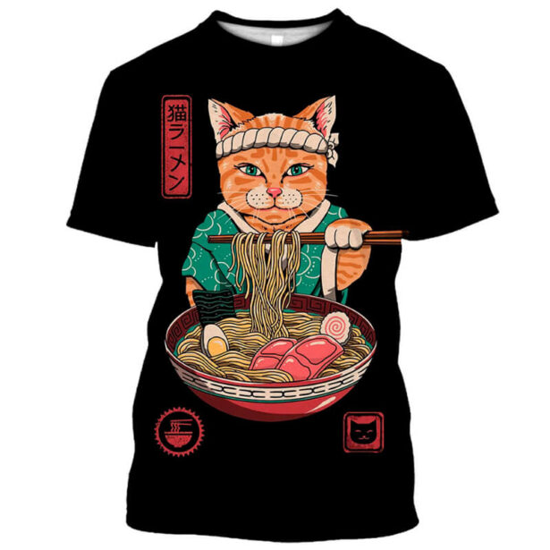 Black Men T Shirt Plus Size 3D Print Cat Samurai and Ramen