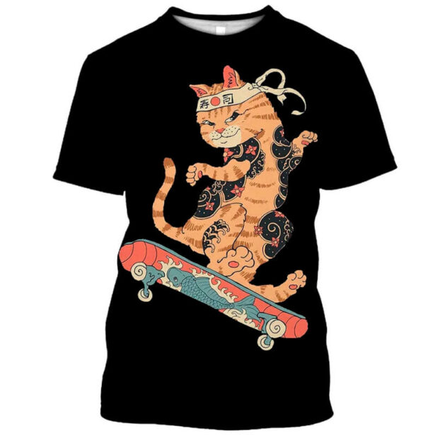 Black Men T Shirt Plus Size 3D Print Cat and Skateboard