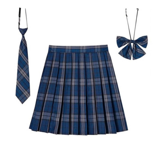 Blue Plaid Pleated Women Skirt With Butterfly Tie Jupe School Girl