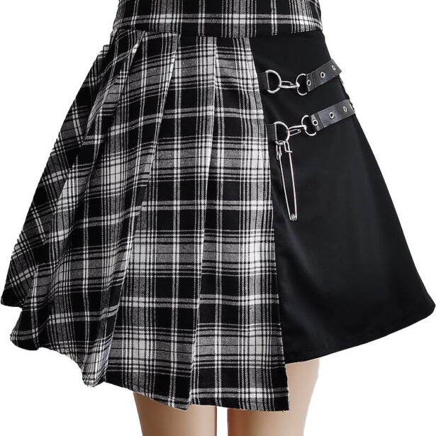 Checkered Women Skirt Soft Pleats Straps Pin