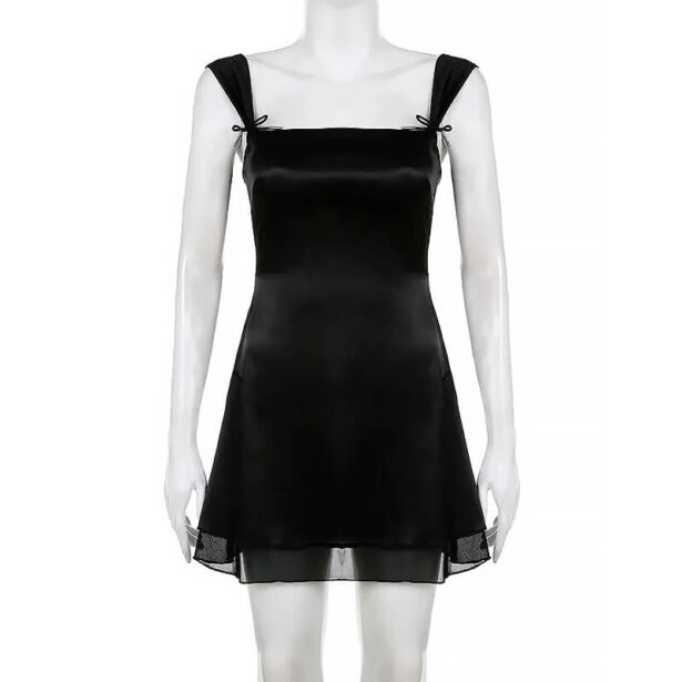 Double Layer Short Black Women Dress Sleeveless Square Neckline 5 1