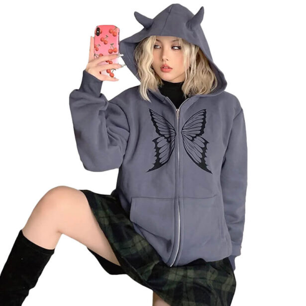 E Girl Style Butterfly Print Gray Unisex Hoodie with Horns 1