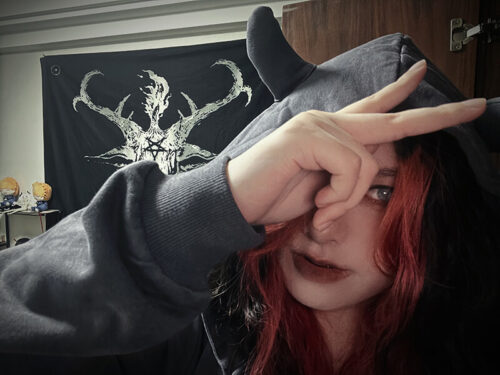 E-Girl Style Butterfly Print Gray Unisex Hoodie with Horns photo review