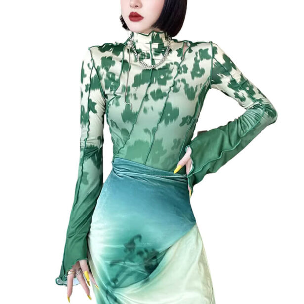 Green Floral Gradient Korean Bell Long Sleeve Top for Women 1