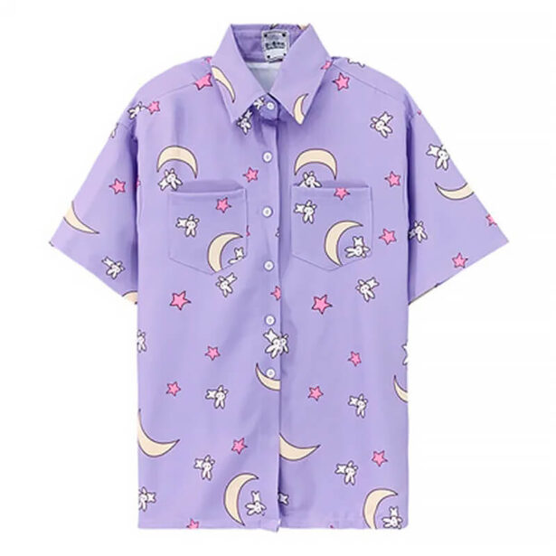 Moon and Stars Women Shirt Purple Short Sleeve Pockets