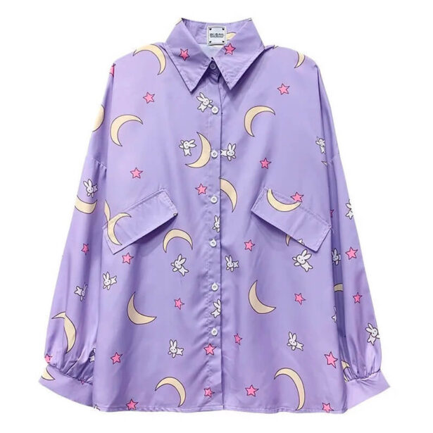 Purple Women Shirt Long Sleeve Moon Print
