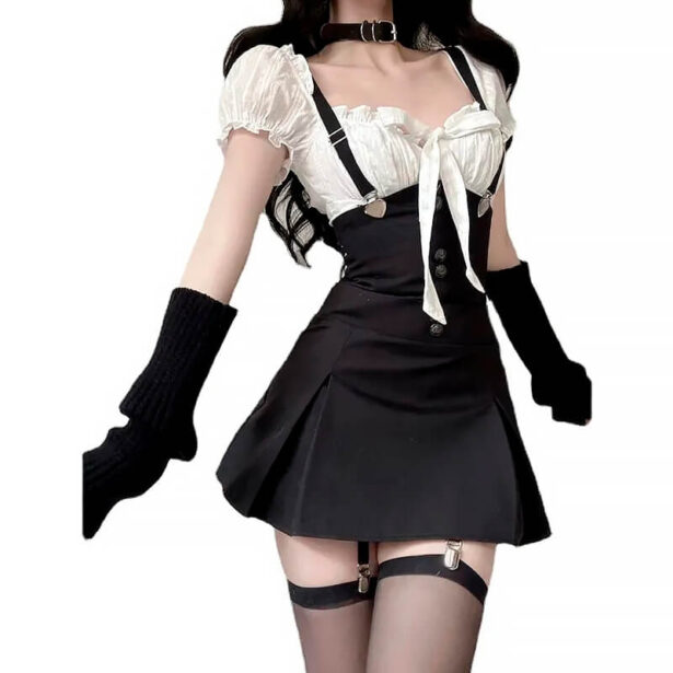 Set Black Short Women Dress With Suspenders Plus White Blouse