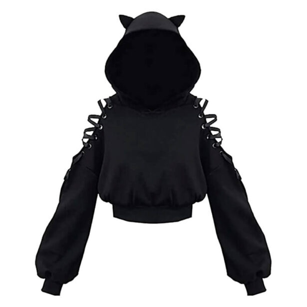 Short Black Women Hoodie Ears Off Shoulder Lace Up