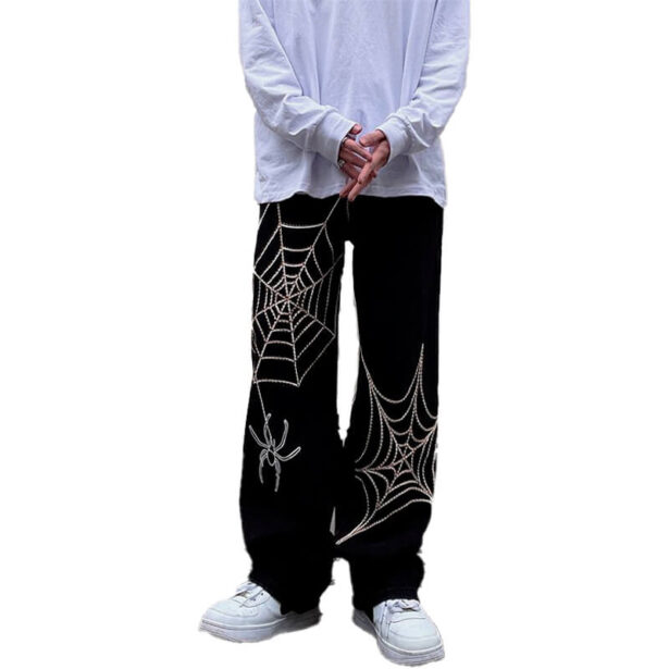 Straight Black Unisex Pants Polyester Elasticated Spider Web Print
