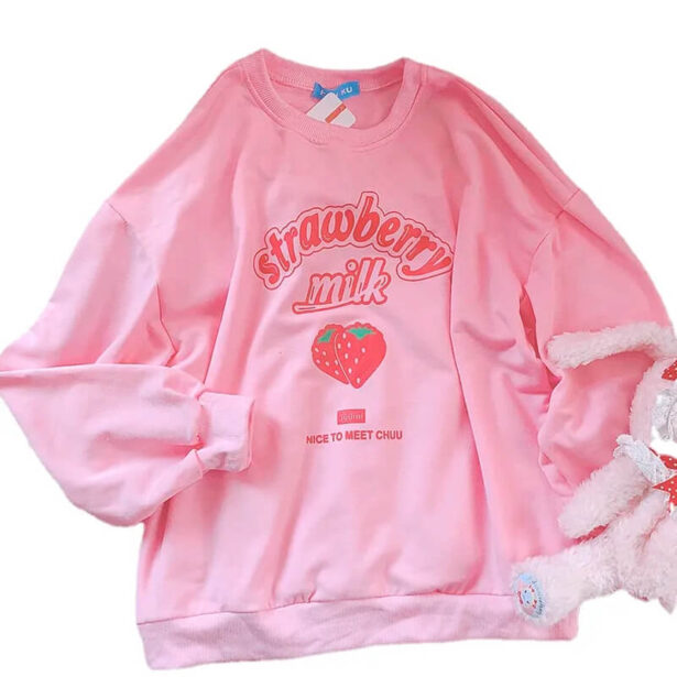 Strawberry Pink Harajuku Kawaii Women Sweatshirt Soft Fleece