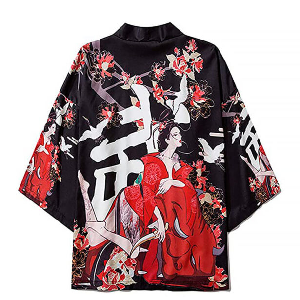 Unisex Shirt Black Unisex Kimono Japanese Clothes Woman in Red 1