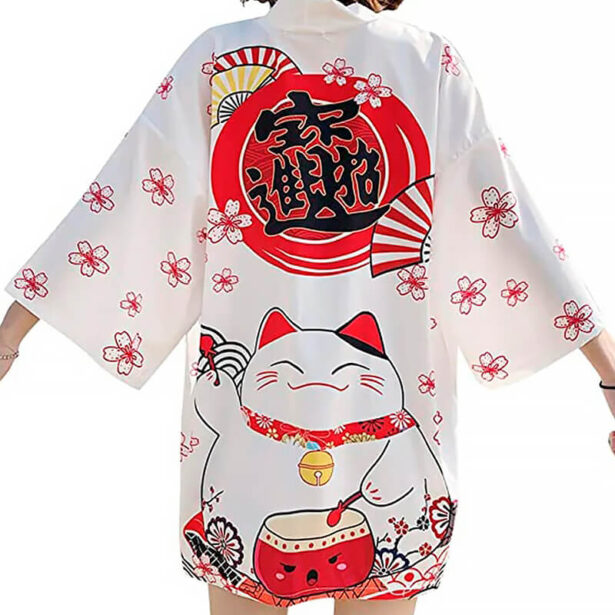 Unisex Shirt White Unisex Kimono Japanese Clothes Cat Samurai Costume