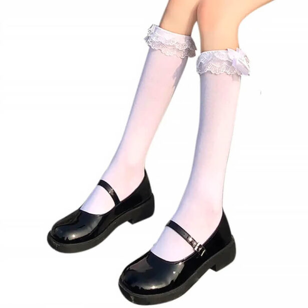 White Women Socks Knee Socks White Lace Bow Accessories School Girl