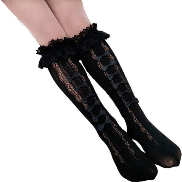 Womens Socks Knee Socks Lace Bows Accessories School Girl 4