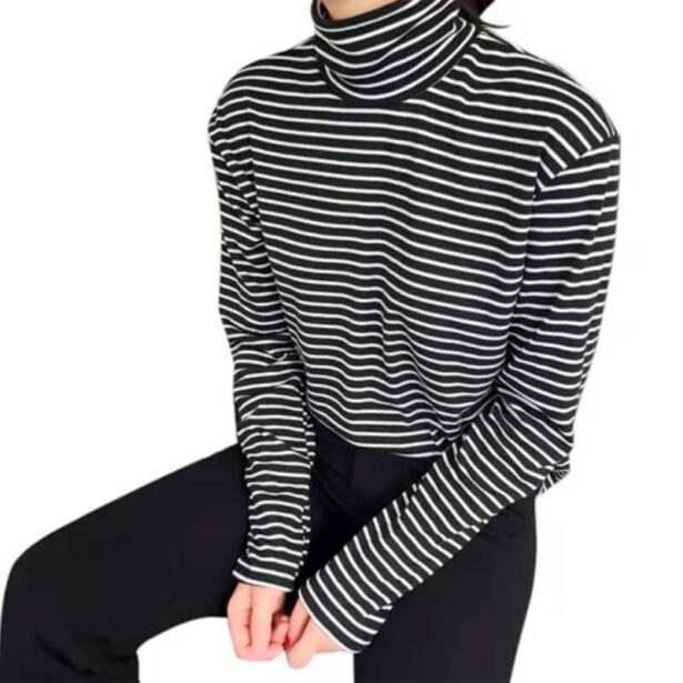 Autumn Winter Soft Black Striped Long Sleeve Turtleneck Plus Velvet Harajuku Style 1