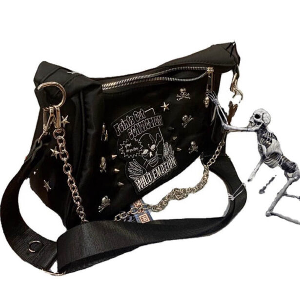 Black Emo Girl Rivets Skeleton Keychain Shoulder Bag