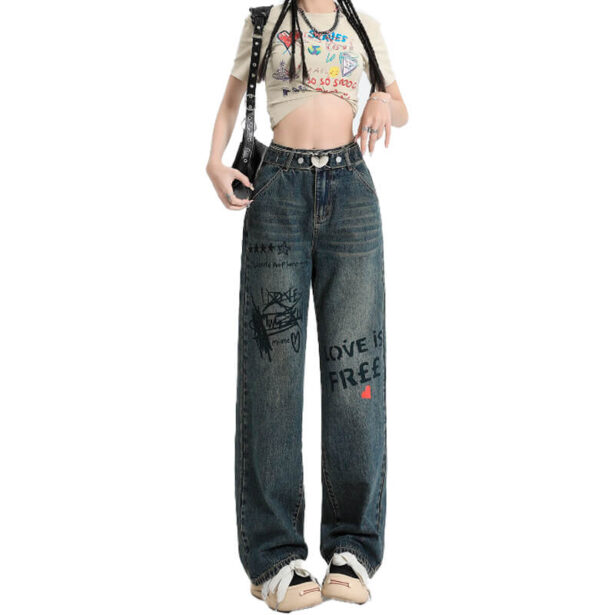 Blue Gray Women Jeans Graffiti Print Buckle Heart Harajuku