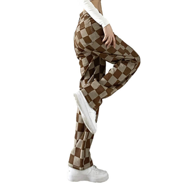 Brown Checkered Wide Jeans for Women Indie Aesthetic 1