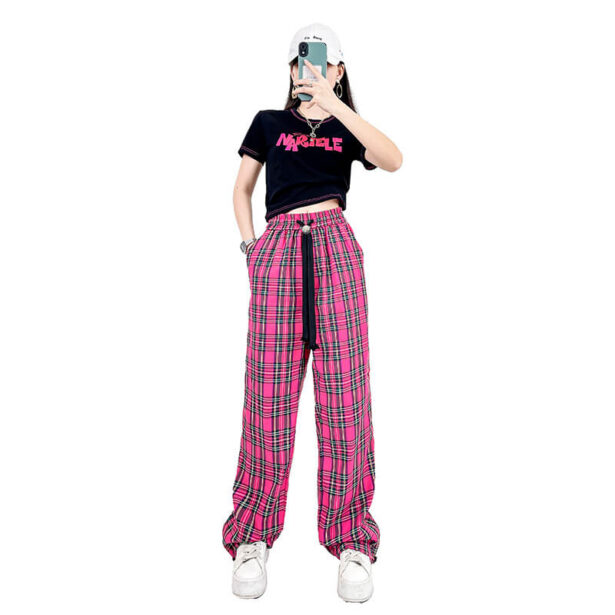Casual Hot Pink Summer Plaid Drawstring Pants For Women